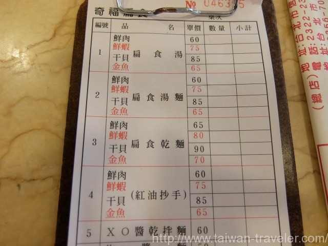 奇福扁食メニュー